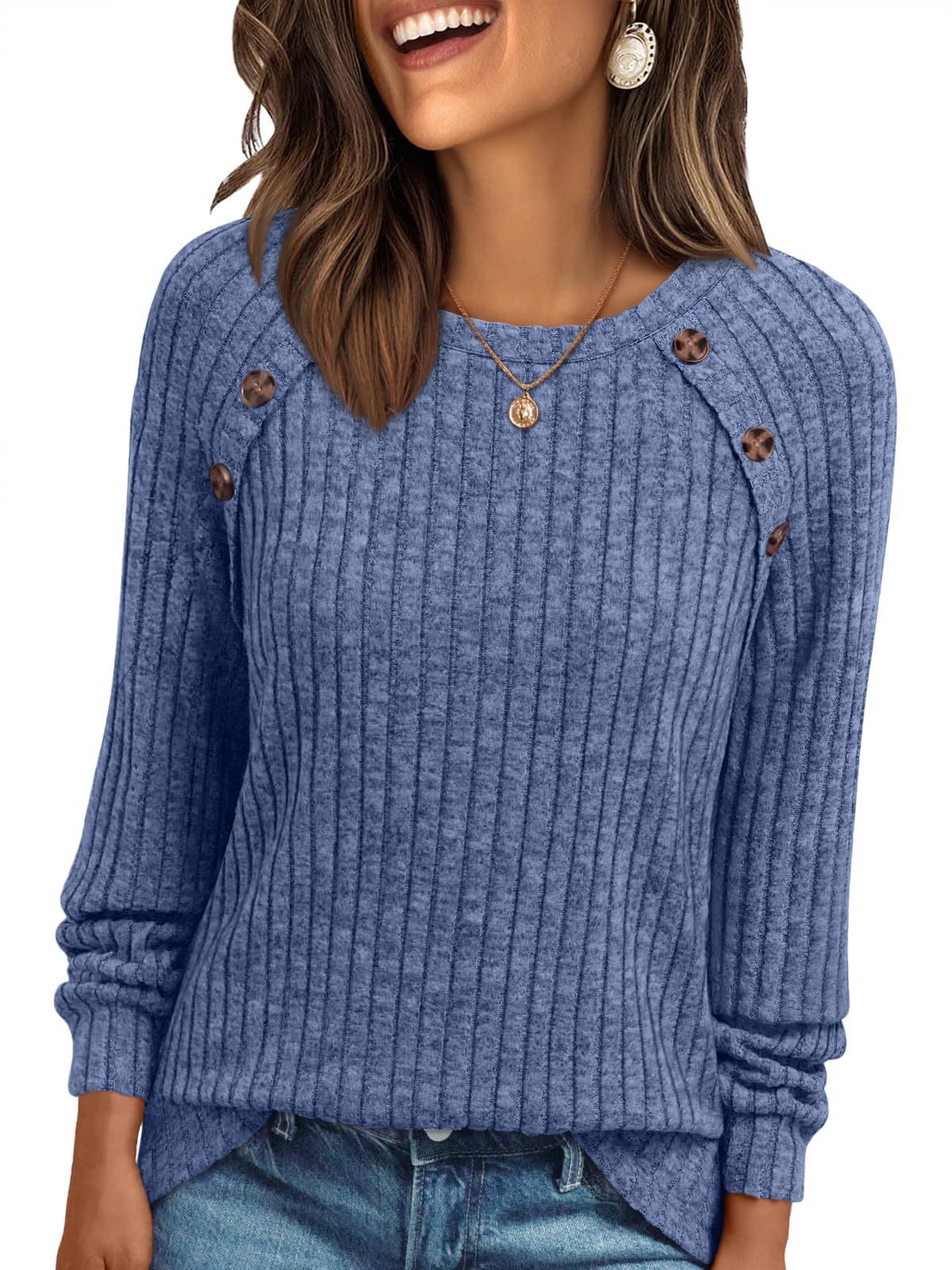 Round Neck Sunken Stripe Brushed Solid Color Top Long Sleeve