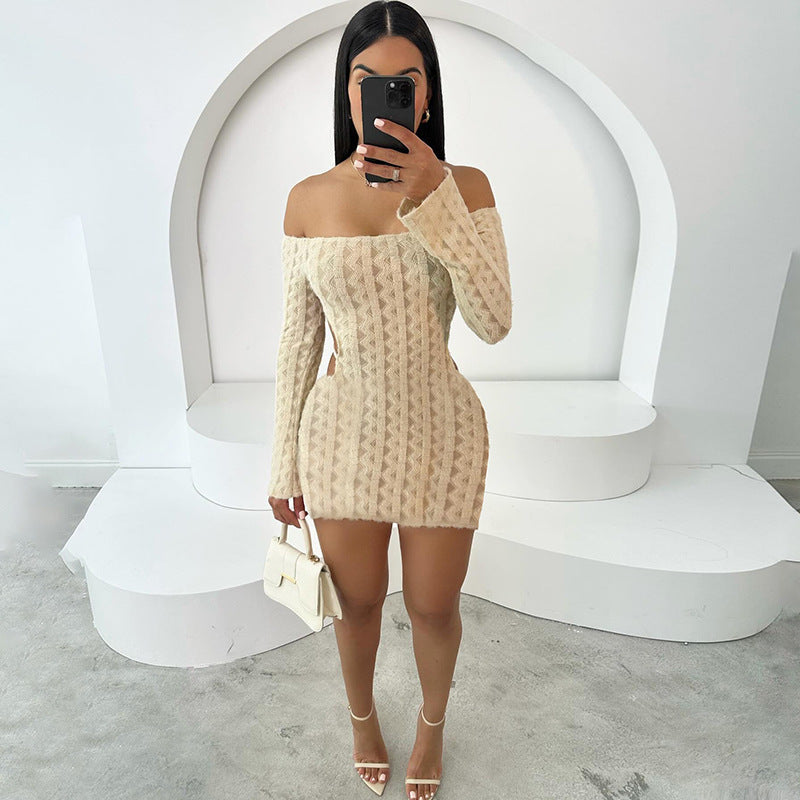 Minimalist Off-Shoulder Dress – High Waist Slim Fit