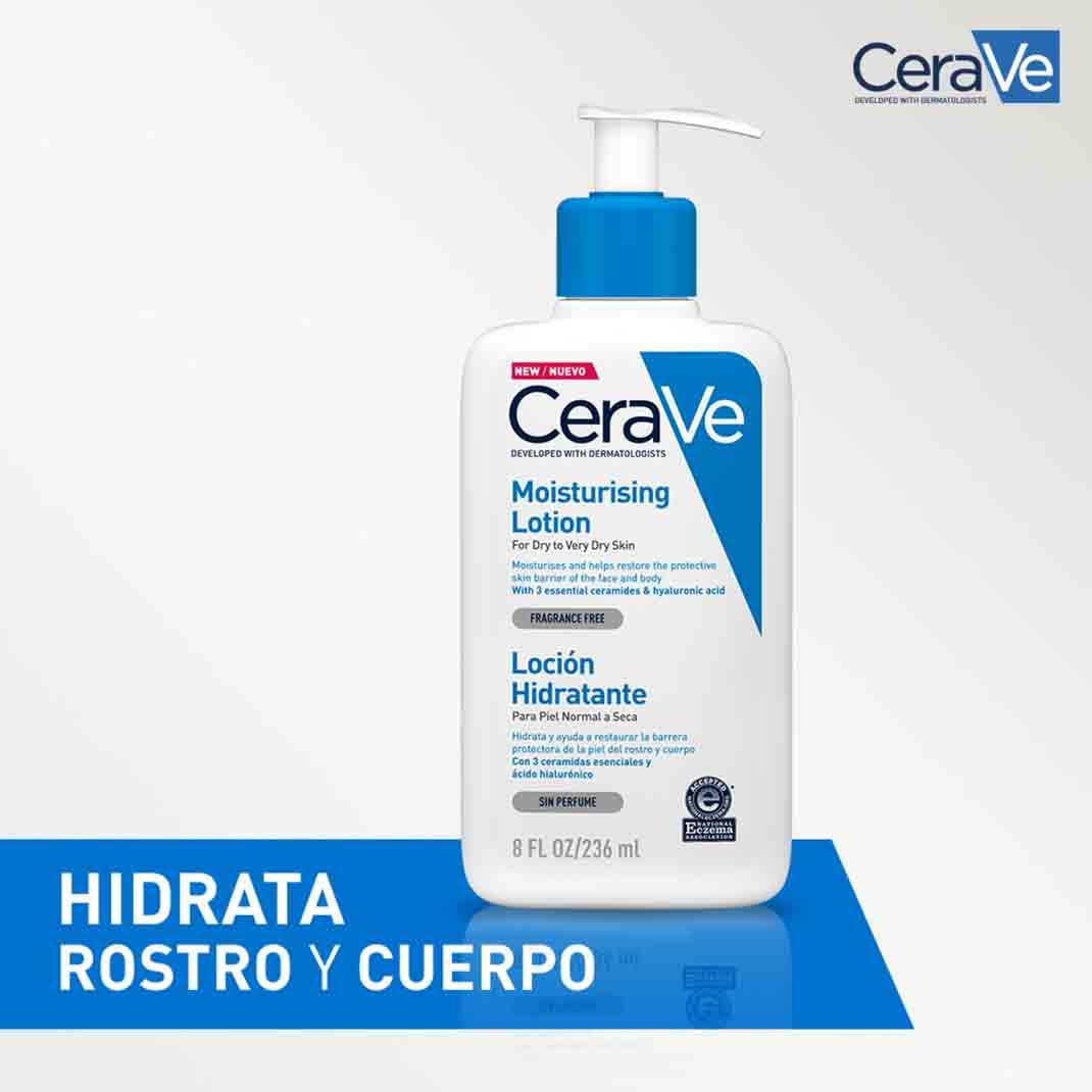 Cerave Loción Hidratante, Para Piel Seca, Hidrata Y Restaura La Barrera Protectora De La Piel, Enriquecida Con Ceramidas Esenciales Y Ácido Hialurónico, Fórmula Ligera, Apta Para Rostro Y Cuerpo,236Ml