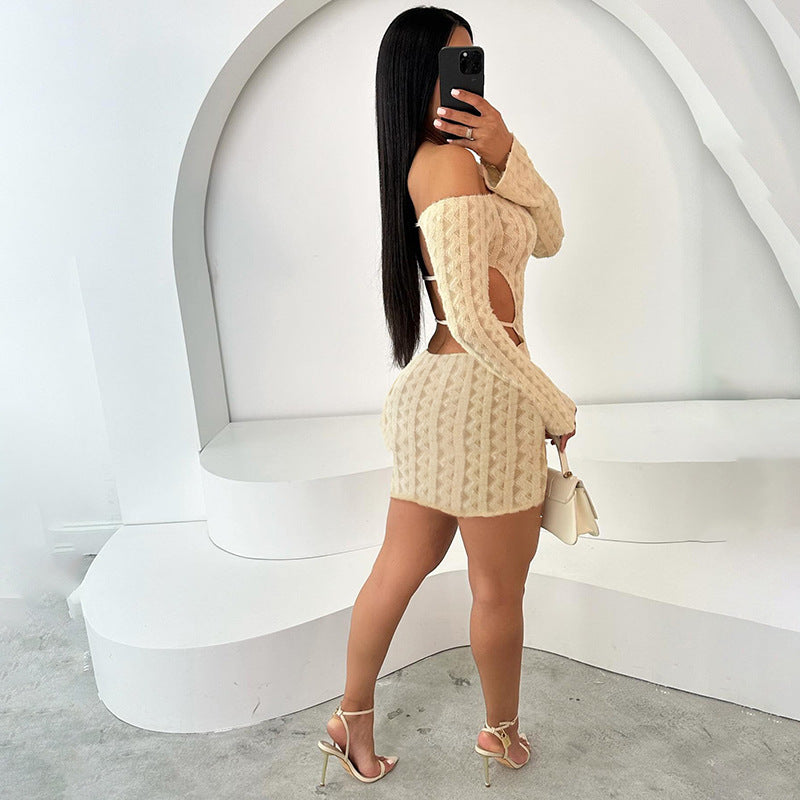 Minimalist Off-Shoulder Dress – High Waist Slim Fit